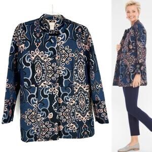 Chico’s Jacquard Jacket Size Small Metallic Thread Embroidered Gold Brocade